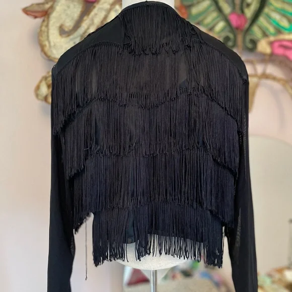 SAM Vintage Black Jacket with Fringe Sheer Sleeves Size L - Picture 4 of 6